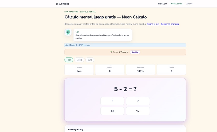Partida de Neon Cálculo ajustada a 3º de Primaria: resta 5−2 con cuatro respuestas, temporizador de 30 segundos y contador de combo