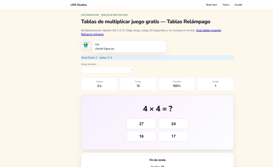 Partida de Tablas Relámpago: multiplicación 4×4 con cuatro respuestas, contador de puntos, precisión y combo